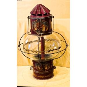 Late 19th Century Painted Sheet Metal Boat Lantern Decorated With Sailboats