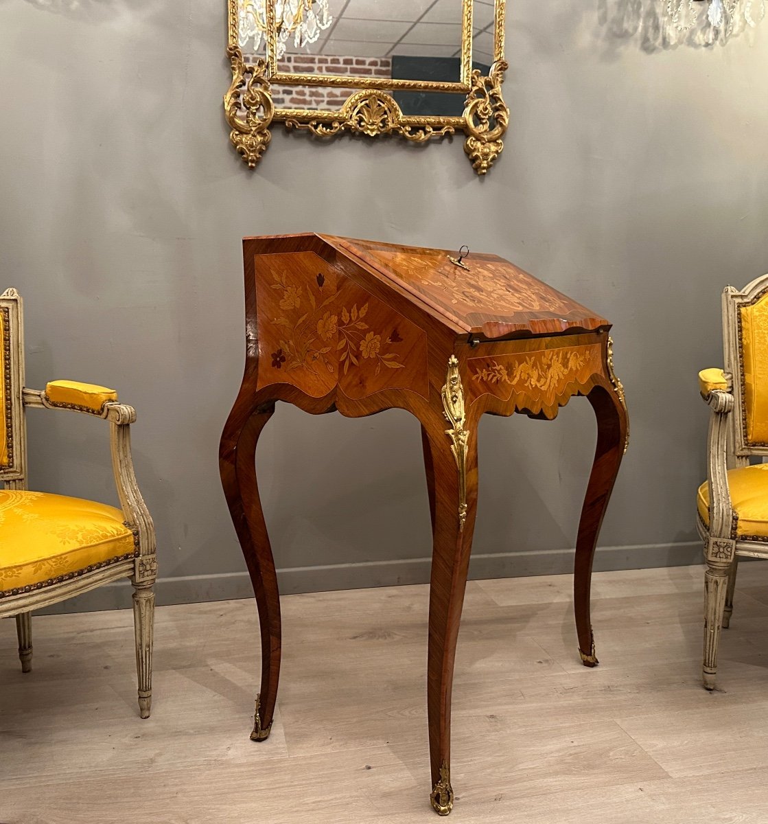 Bureau De Pente Dos d'Ane En Marqueterie d'Epoque Napoleon III Vers 1870-photo-5