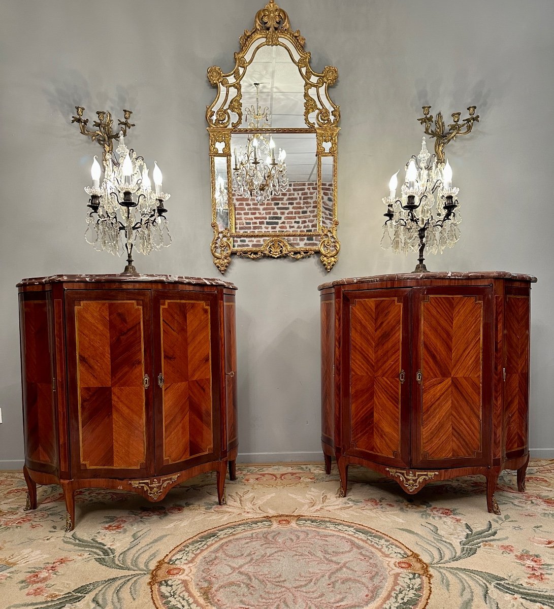Pair Of Curved Buffets In Marquetry Transition Louis XV Louis XVI XVIII