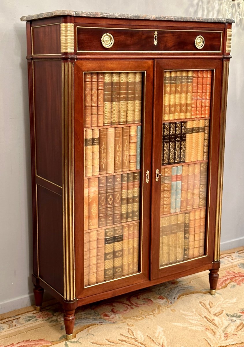 Petite Vitrine Bibliothèque d'Epoque Louis XVI Trompe l'Oeil Vers 1770-photo-2