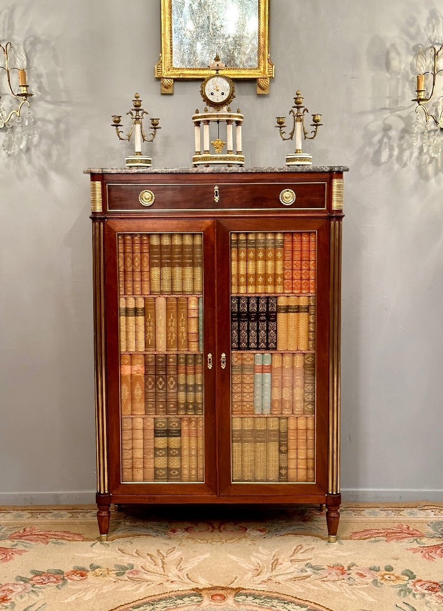 Petite Vitrine Bibliothèque d'Epoque Louis XVI Trompe l'Oeil Vers 1770-photo-4