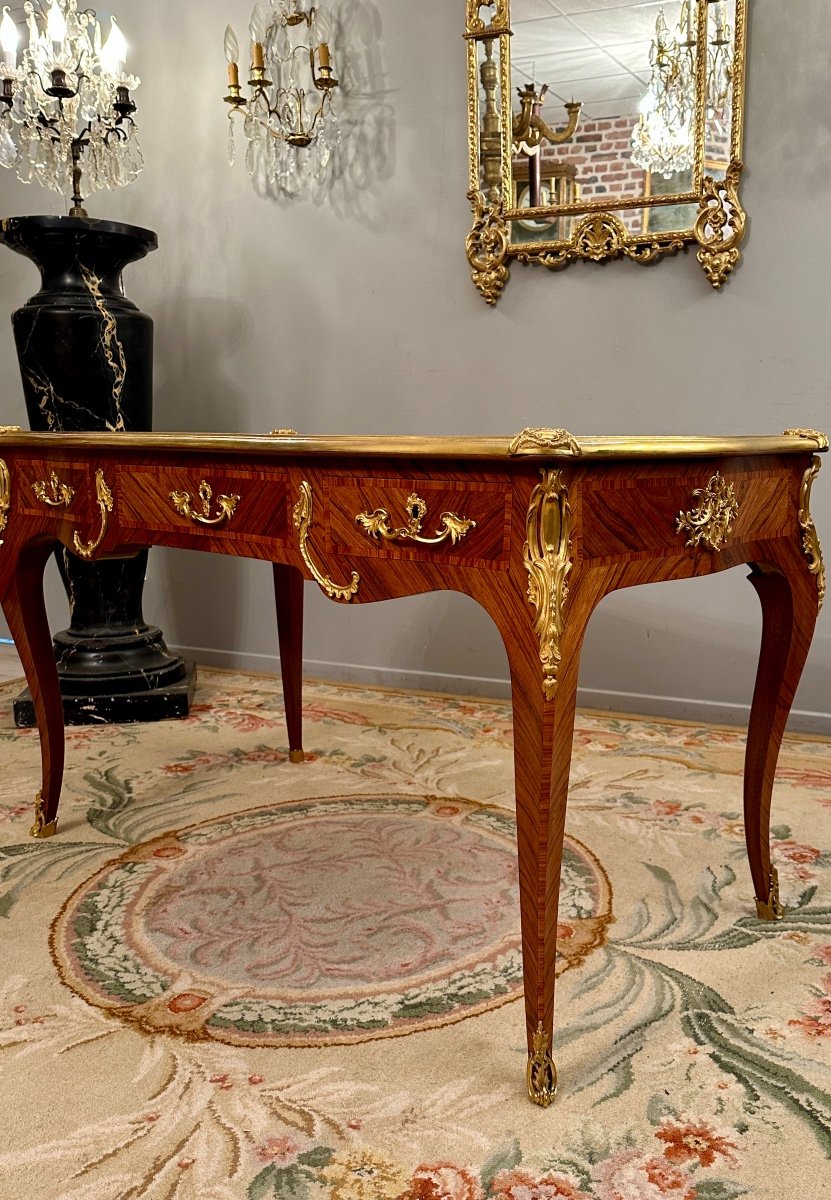 Maurice Rinck, Louis XV Style Flat Desk In Dore Bronze Marquetry Around 1900 Stamped-photo-2