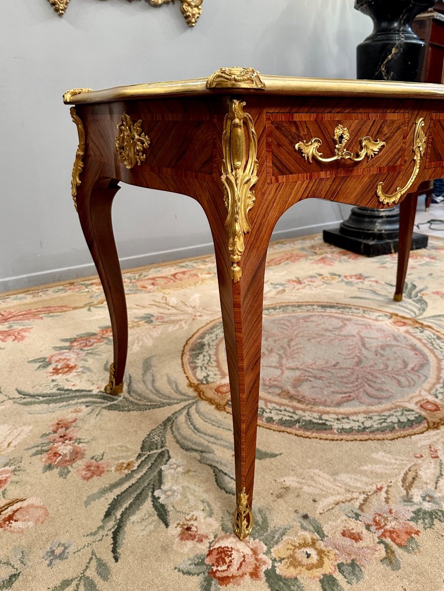 Maurice Rinck, Louis XV Style Flat Desk In Dore Bronze Marquetry Around 1900 Stamped-photo-4