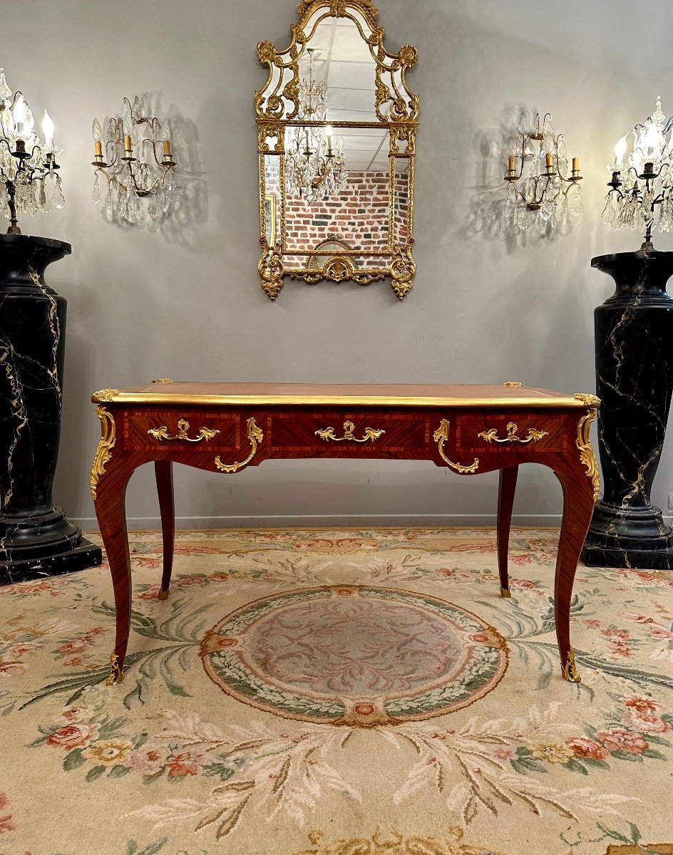 Maurice Rinck, Louis XV Style Flat Desk In Dore Bronze Marquetry Around 1900 Stamped-photo-3