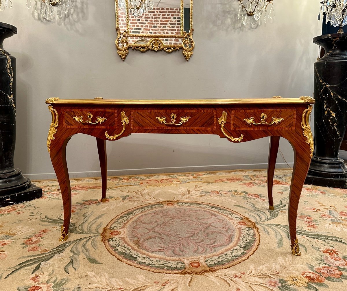 Maurice Rinck, Louis XV Style Flat Desk In Dore Bronze Marquetry Around 1900 Stamped