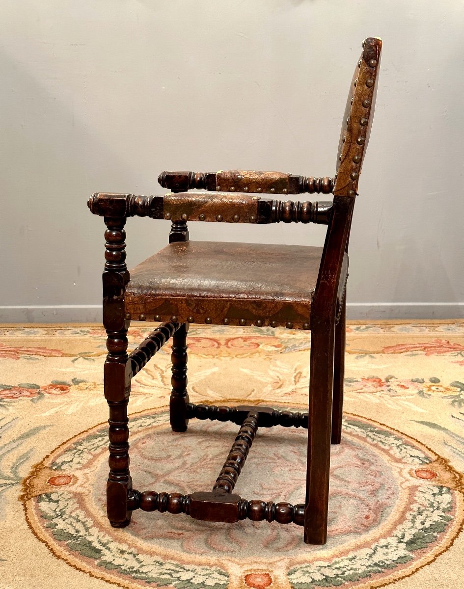 Chaise A Bras Cuir De Cordoue d'Epoque Louis XIII XVIIeme-photo-4