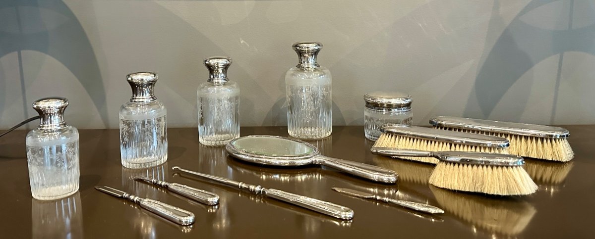 Louis Coignet, Exceptionnelle Garniture Service De Toilette Cristal Gravé Et Argent XIXeme-photo-2