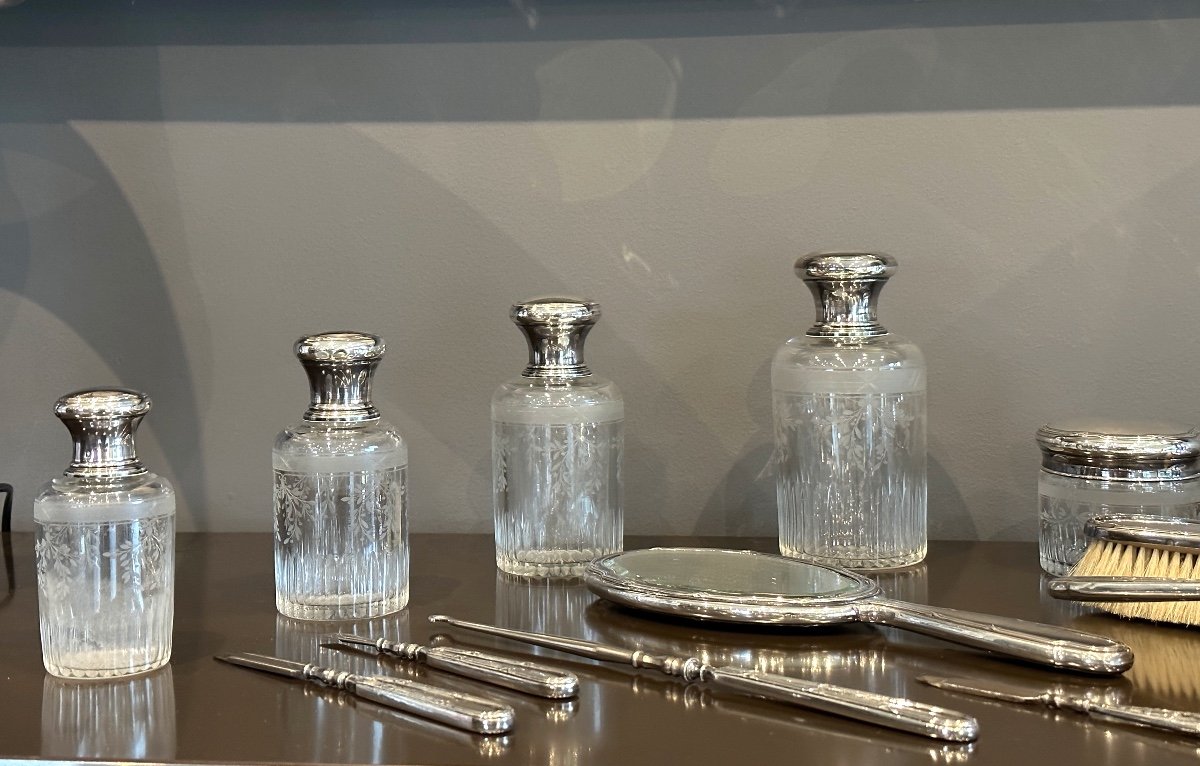 Louis Coignet, Exceptionnelle Garniture Service De Toilette Cristal Gravé Et Argent XIXeme-photo-3