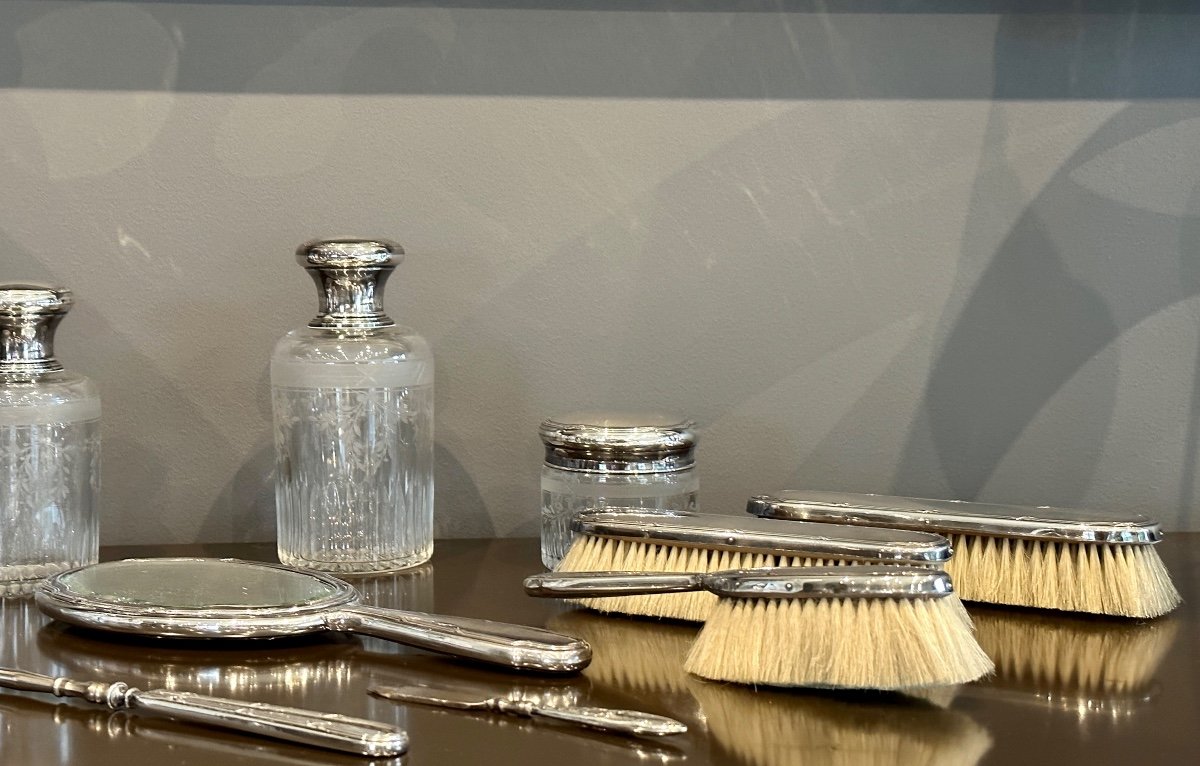 Louis Coignet, Exceptionnelle Garniture Service De Toilette Cristal Gravé Et Argent XIXeme-photo-4