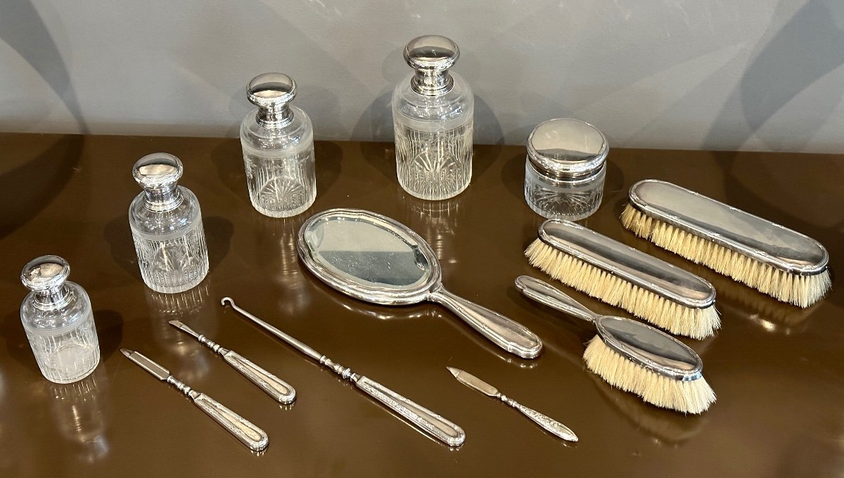 Louis Coignet, Exceptionnelle Garniture Service De Toilette Cristal Gravé Et Argent XIXeme-photo-1