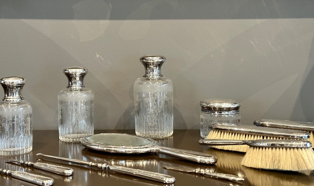 Louis Coignet, Exceptionnelle Garniture Service De Toilette Cristal Gravé Et Argent XIXeme