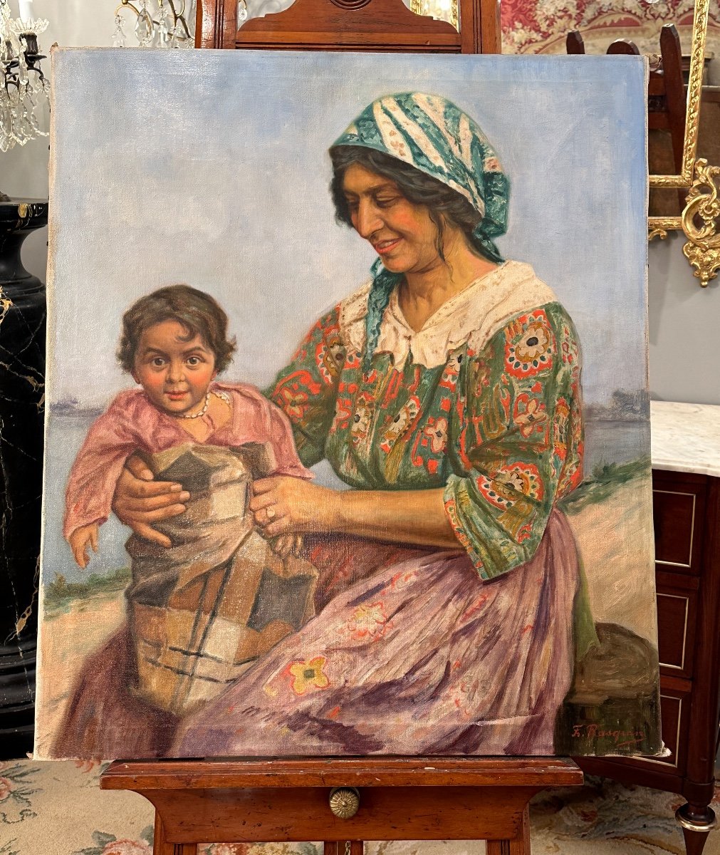 Francois Frans Rasquin,  Huile Sur Toile Gitane à l'Enfant Signée (1877 - 1952)-photo-2