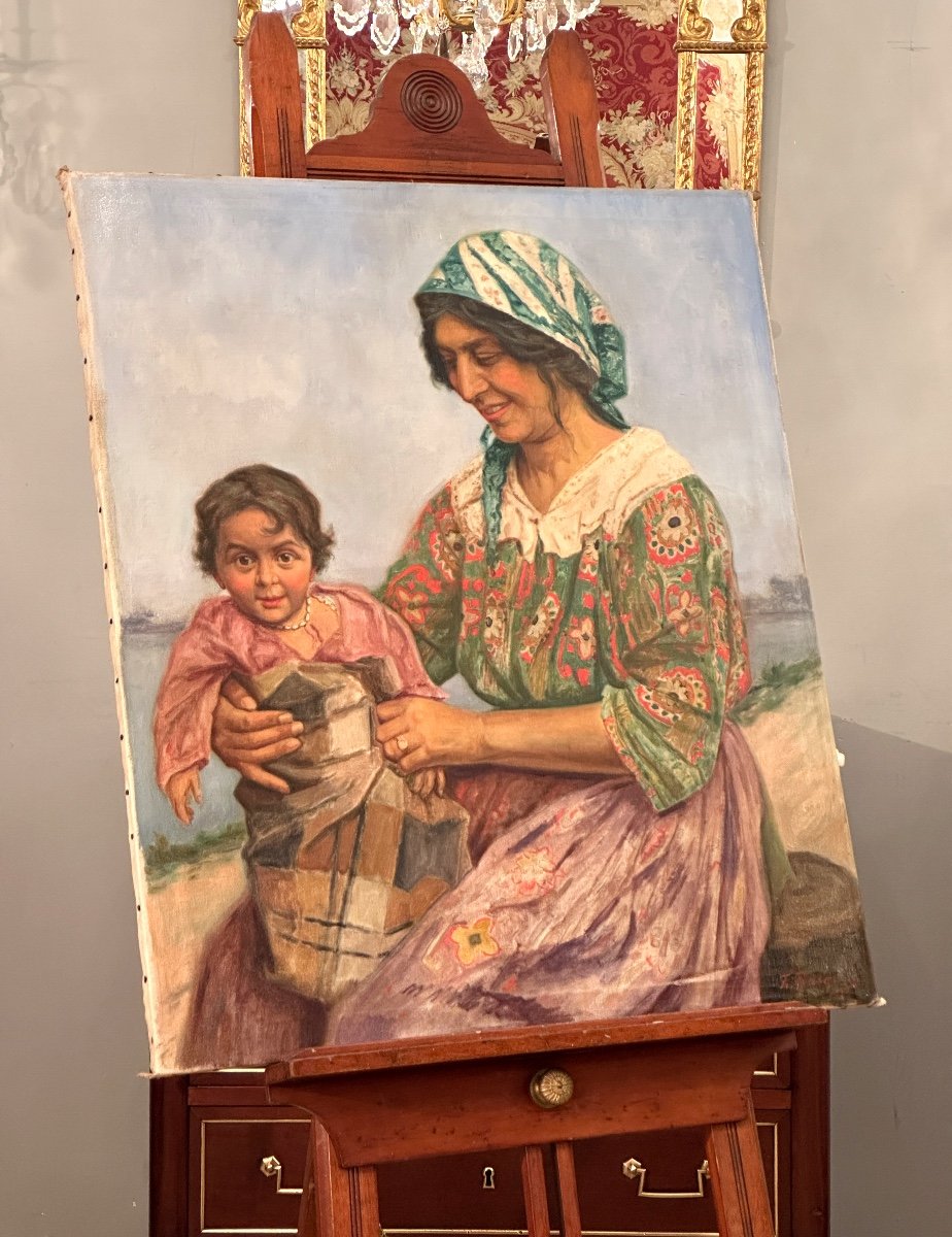 Francois Frans Rasquin,  Huile Sur Toile Gitane à l'Enfant Signée (1877 - 1952)-photo-1