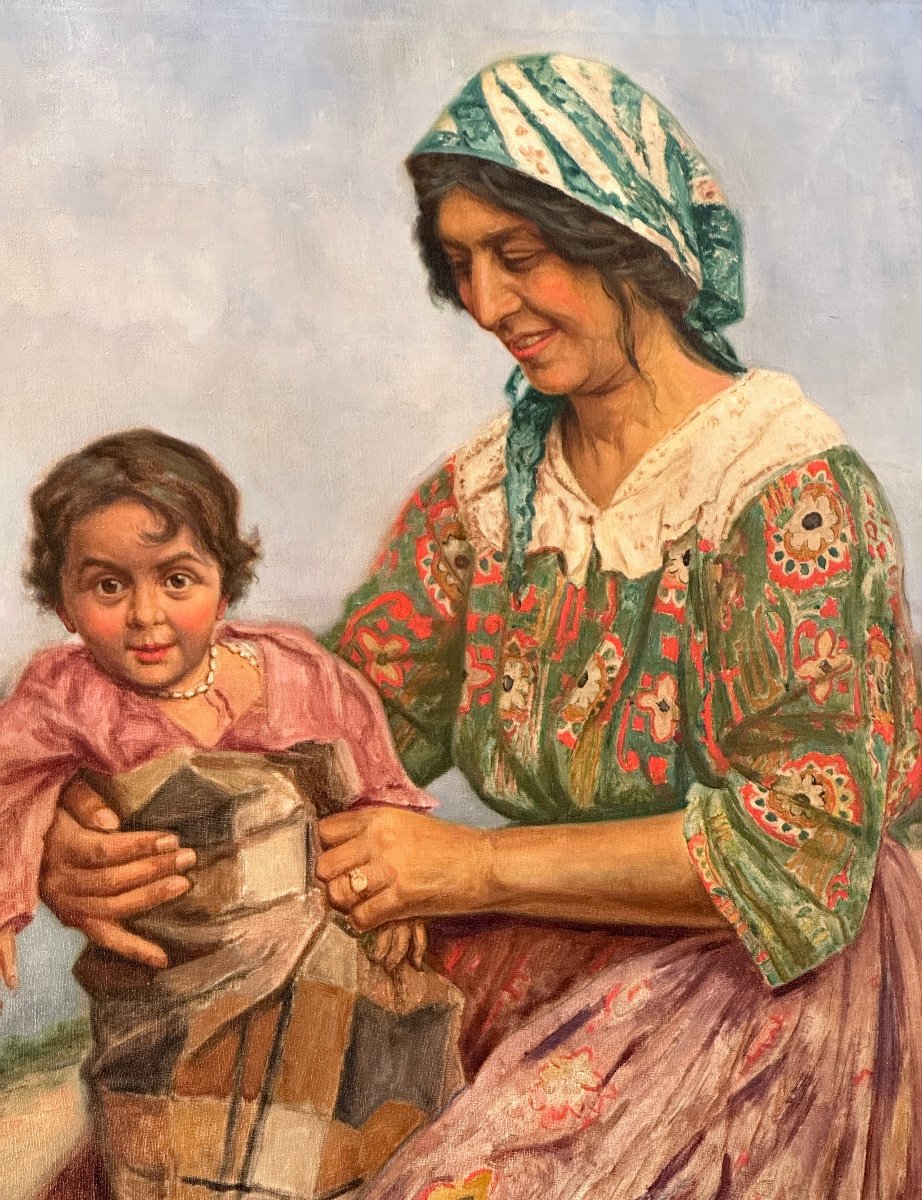 Francois Frans Rasquin,  Huile Sur Toile Gitane à l'Enfant Signée (1877 - 1952)