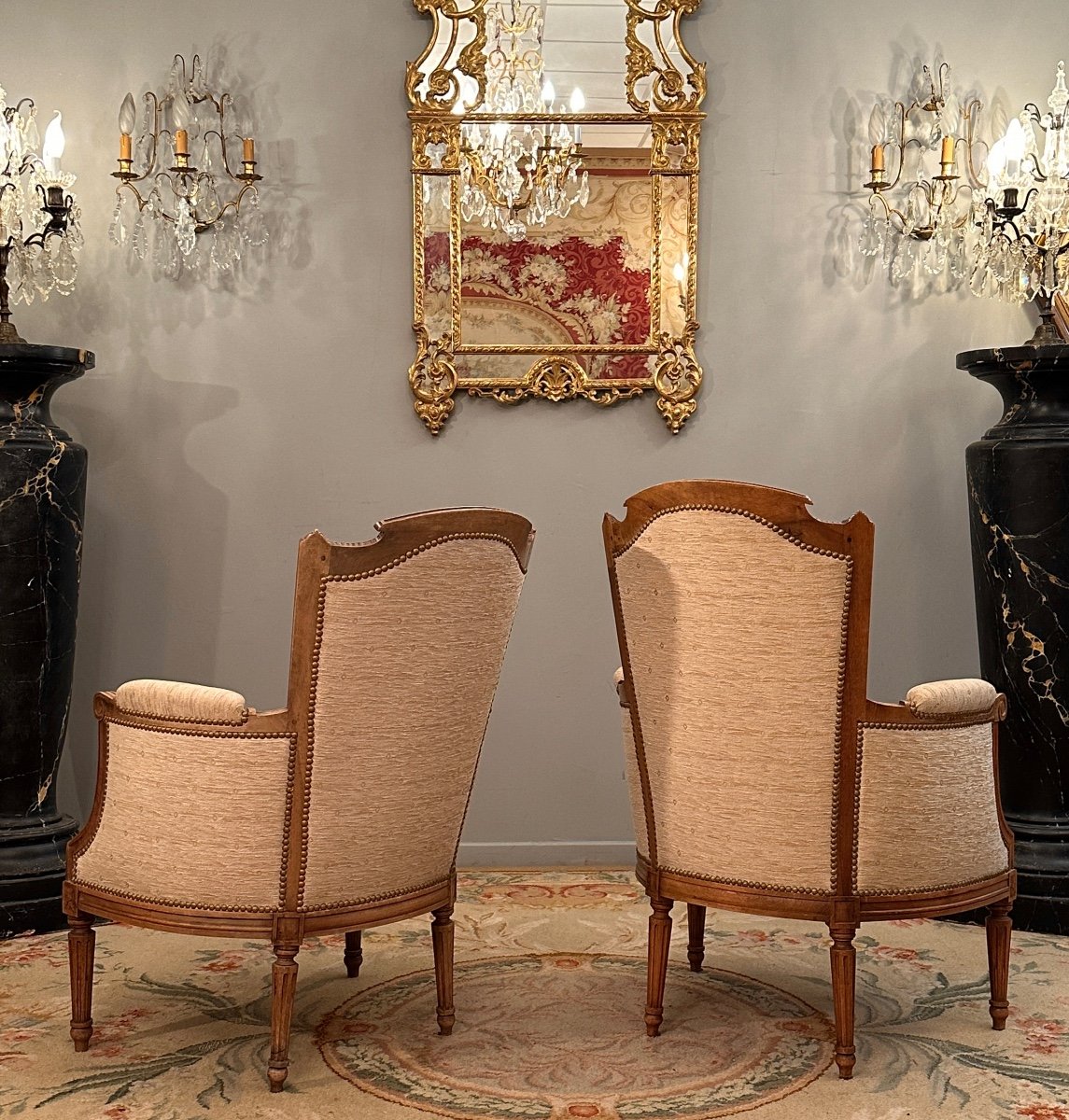 Paire De Bergères En Noyer De Style Louis XVI Vers 1900-photo-3