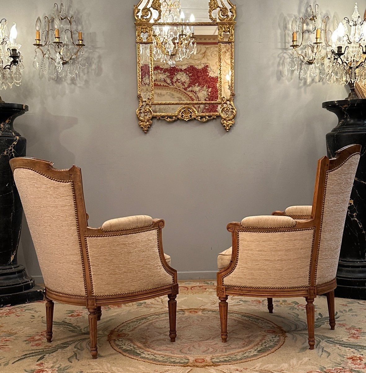 Paire De Bergères En Noyer De Style Louis XVI Vers 1900-photo-4