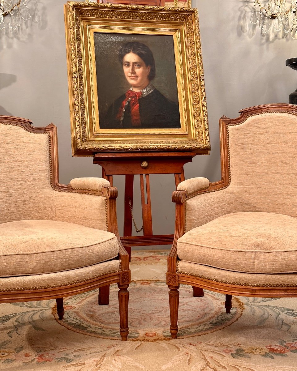 Paire De Bergères En Noyer De Style Louis XVI Vers 1900-photo-4