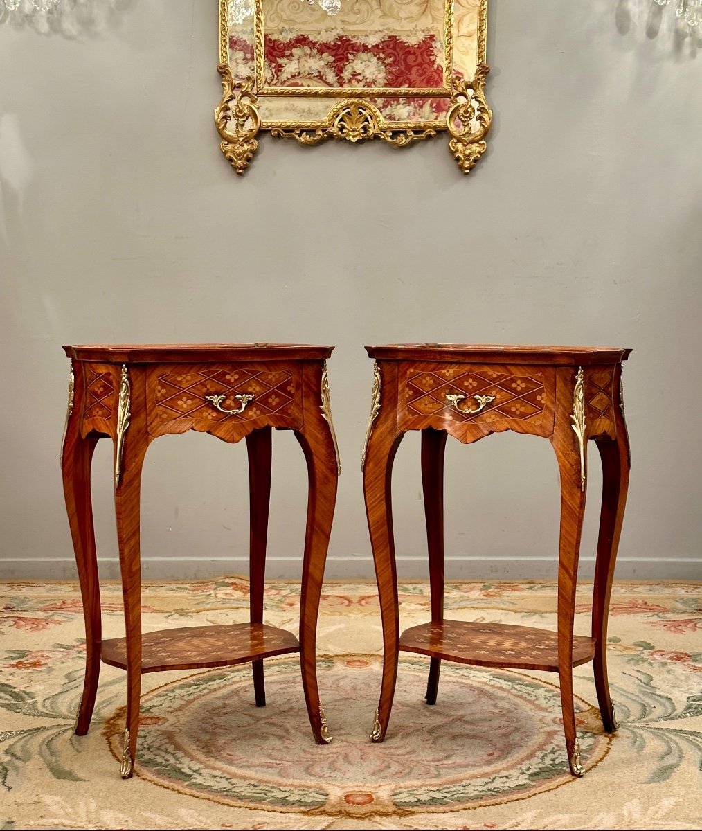 Paire De Table De Salon Marqueterie De Style Louis XV Vers 1900-photo-2
