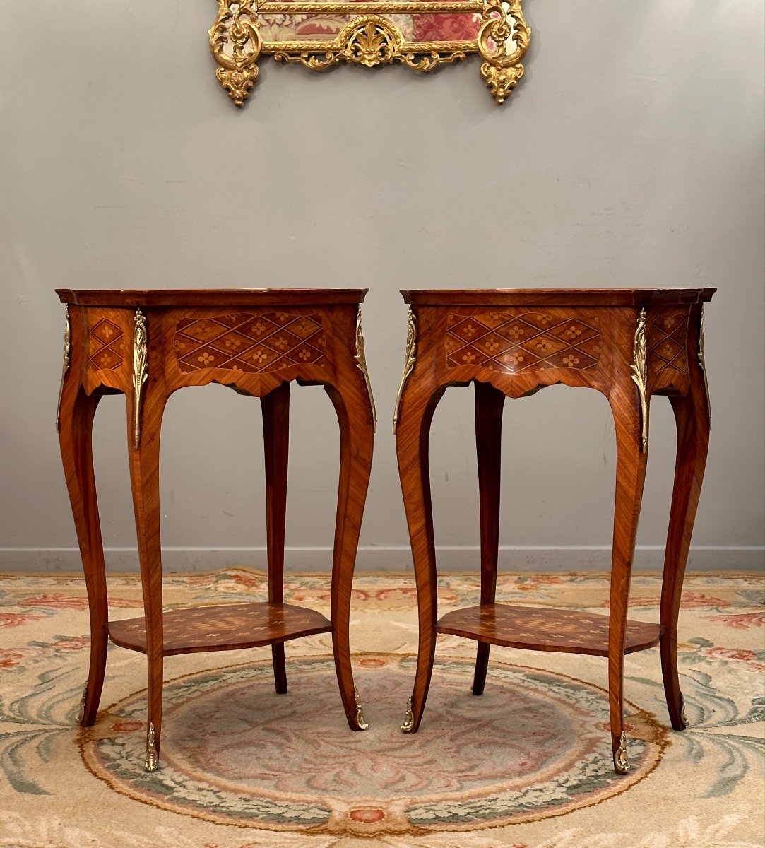 Paire De Table De Salon Marqueterie De Style Louis XV Vers 1900-photo-1