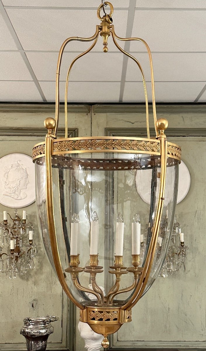 Exceptionnelle Lanterne Bronze Doré De Style Louis XVI Vers 1950 (ht 135 cm)-photo-7