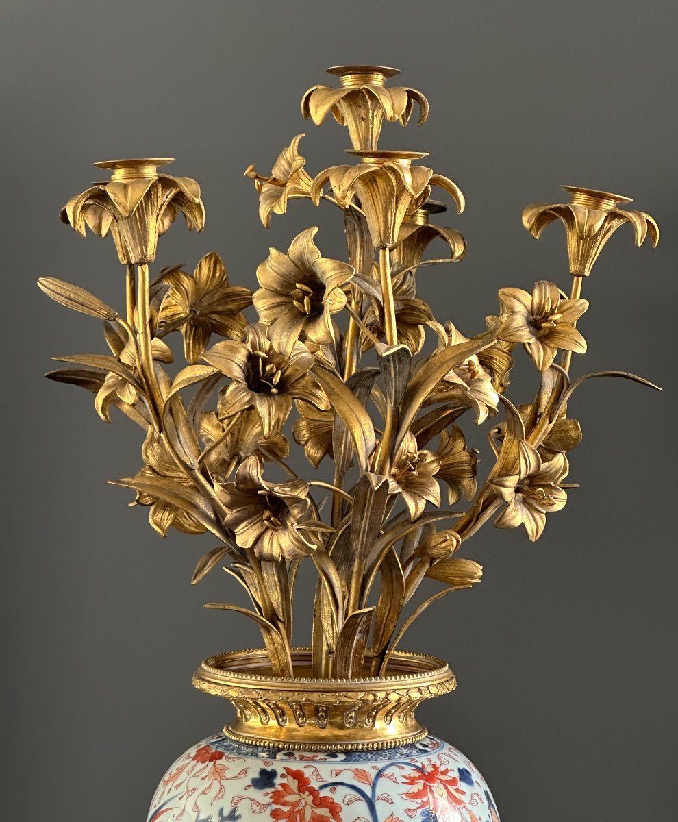 Vase Candélabre Bronze Porcelaine Japon De Style Louis XVI Vers 1850-photo-2