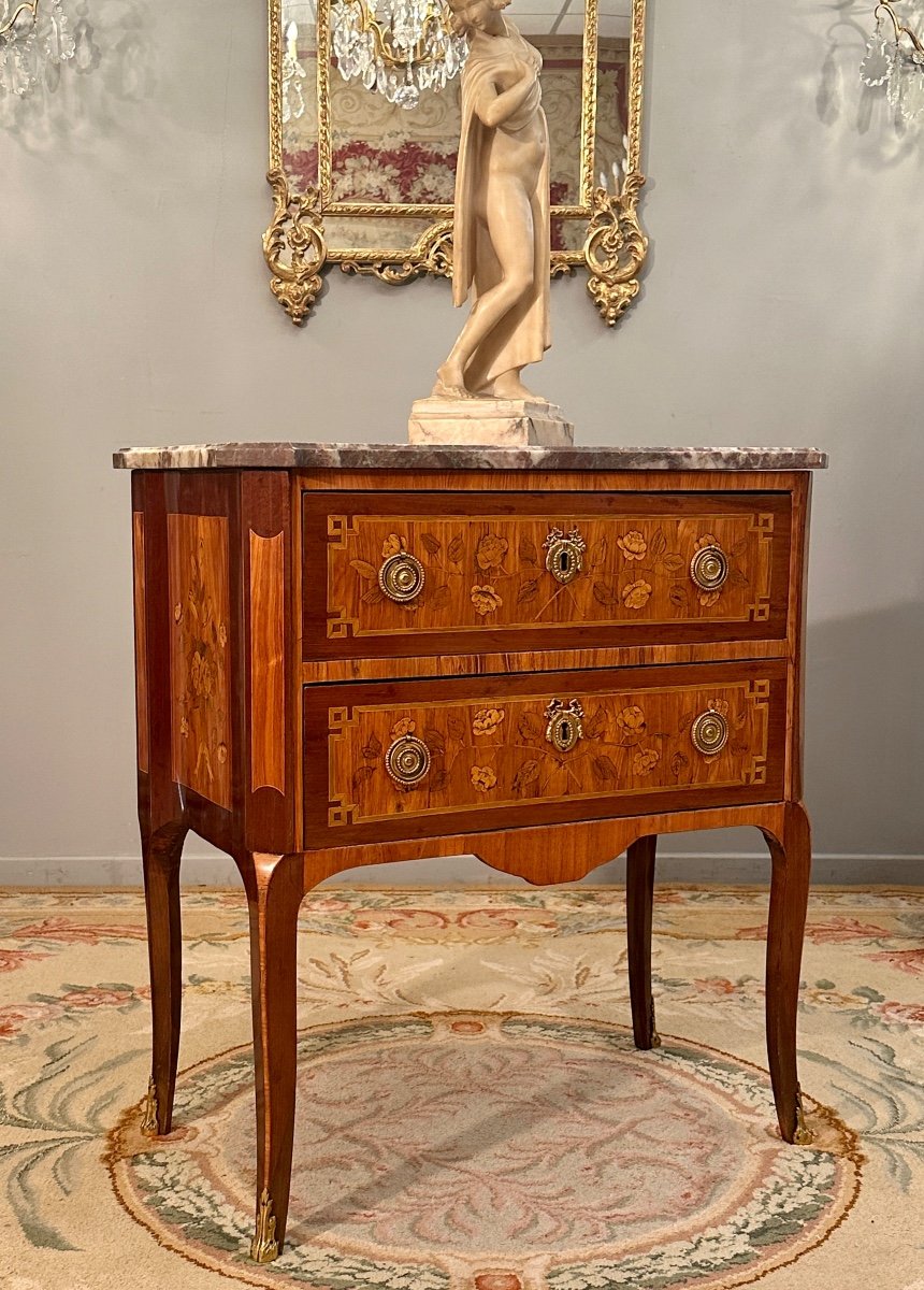 Commode Sauteuse En Marqueterie d'Epoque Transition Louis XV - Louis XVI Vers 1770-photo-4