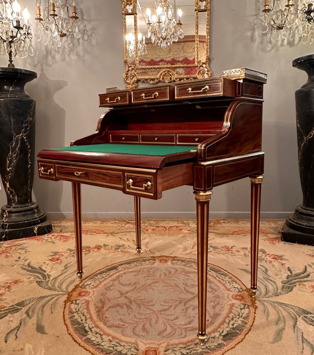 Small Cylinder Desk In Flamed Mahogany Louis XVI Style 19th Century-photo-1