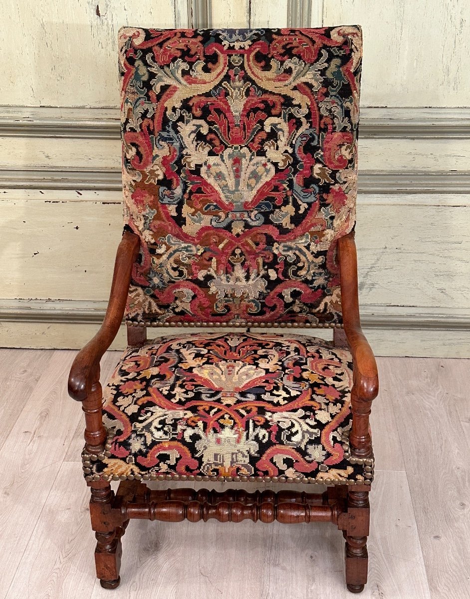 Fauteuil A Dossier Plat En Noyer d'Epoque Louis XIV XVIIeme-photo-2