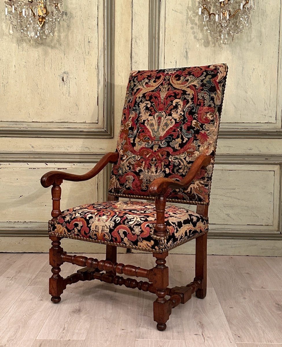 Fauteuil A Dossier Plat En Noyer d'Epoque Louis XIV XVIIeme-photo-3