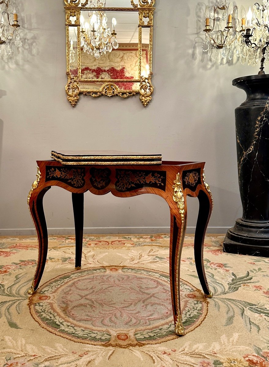 Table A Jeux Console En Marqueterie d'Epoque Napoleon III Vers 1870-photo-6