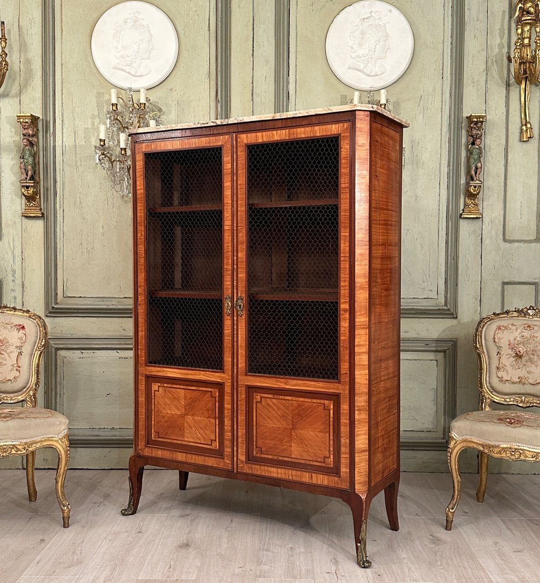 Vitrine Bibliothèque En Marqueterie De Style Transition Louis XV Louis XVI Epoque XIXeme-photo-3