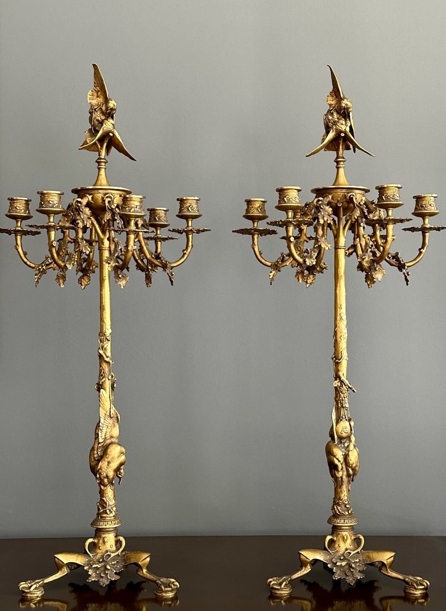 Auguste Nicolas Cain, Important Pair Of Gilt Bronze Candelabra Signed (1821-1894)
