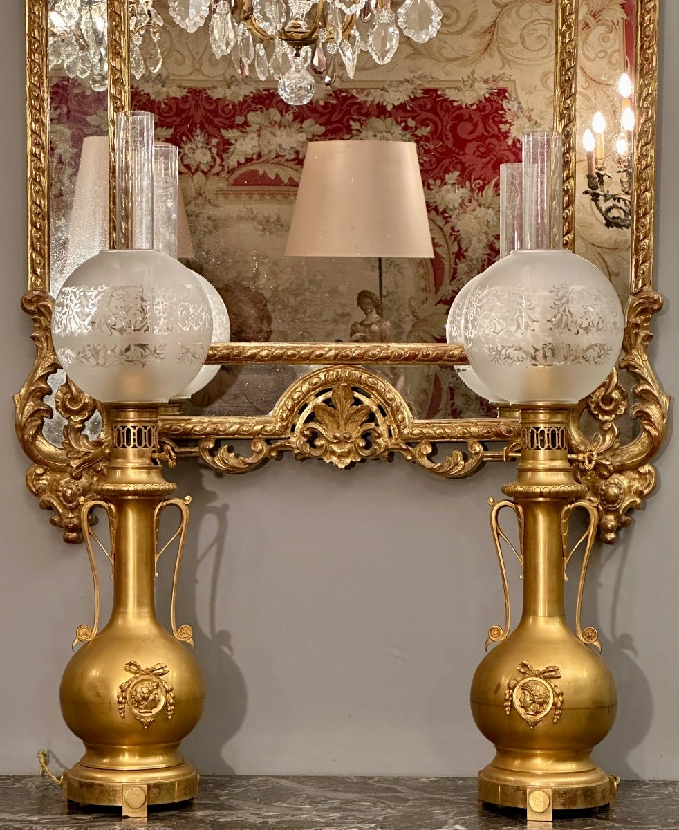 Pair Of Gilt Bronze Lamps Napoleon III Period 19th Century-photo-7