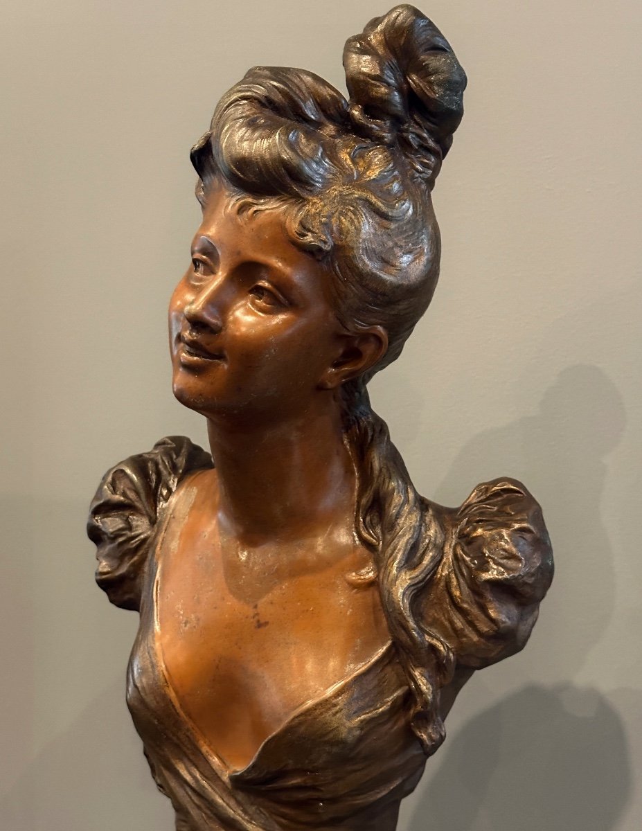 Auguste Moreau, Art Nouveau Bust Sculpture Of Young Girl Signed 19th Century-photo-2