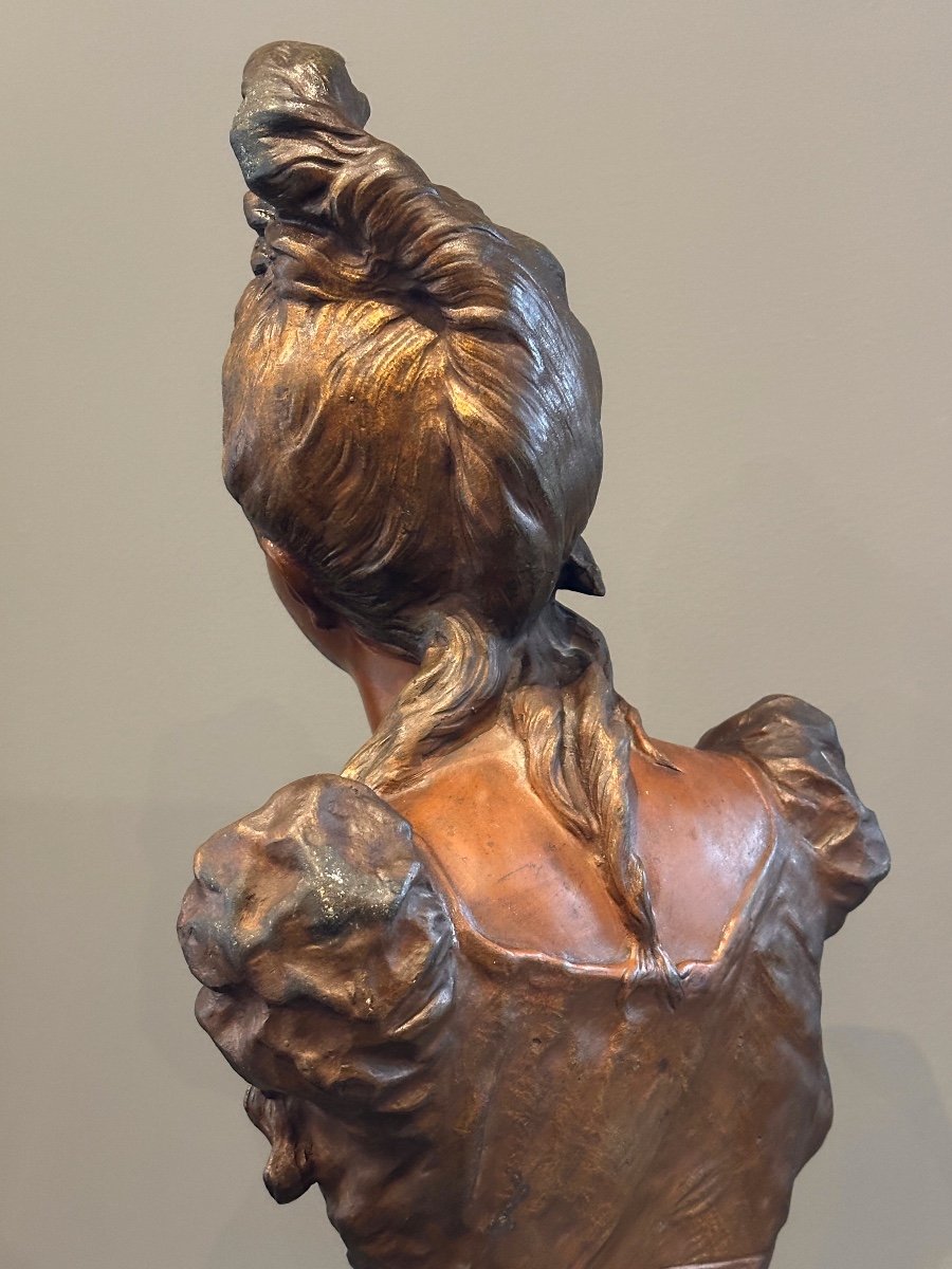 Auguste Moreau, Art Nouveau Bust Sculpture Of Young Girl Signed 19th Century-photo-3