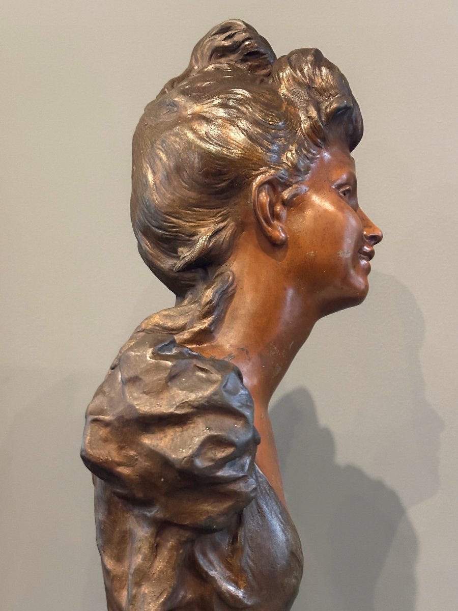 Auguste Moreau, Art Nouveau Bust Sculpture Of Young Girl Signed 19th Century-photo-4
