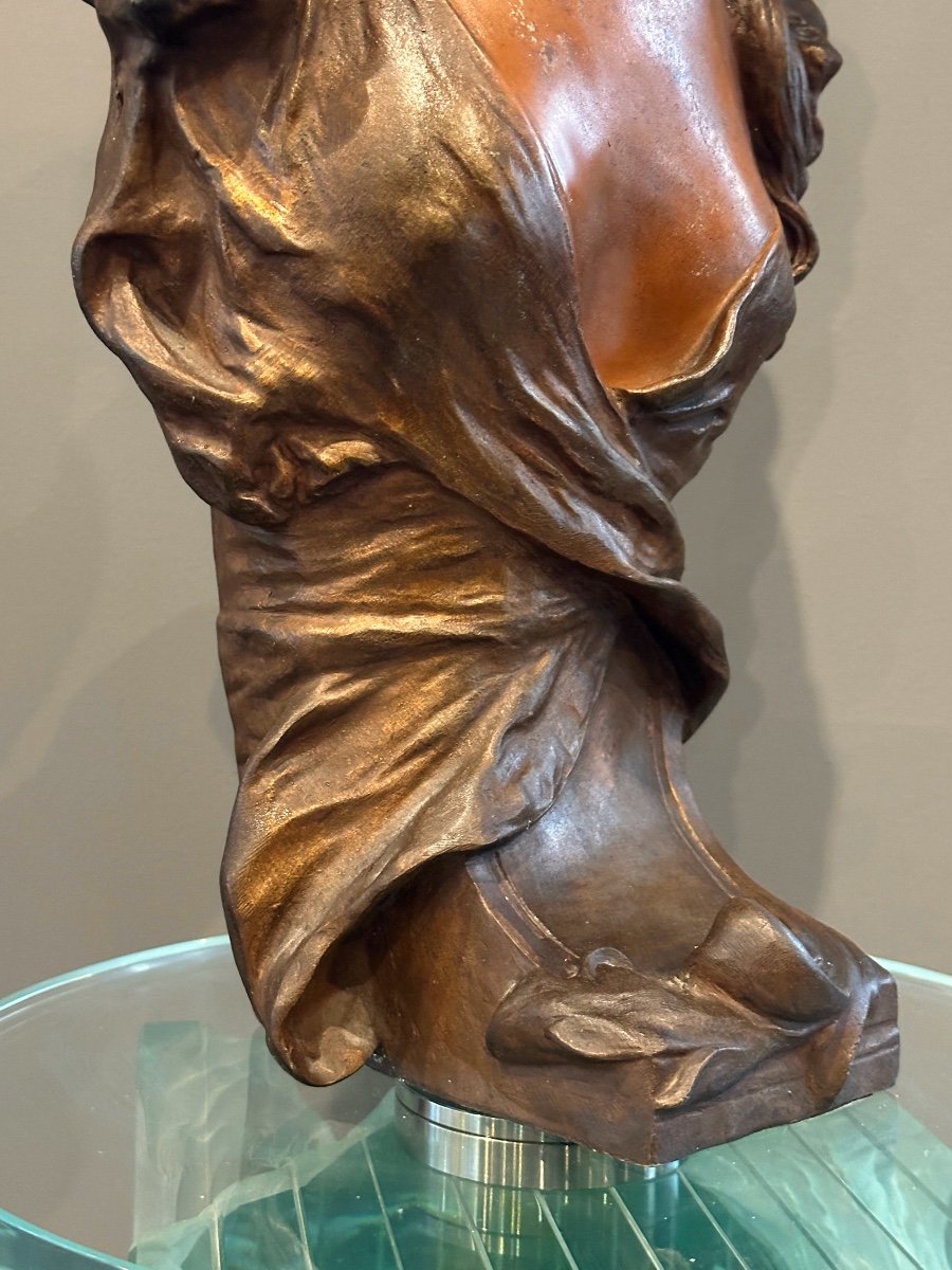 Auguste Moreau, Art Nouveau Bust Sculpture Of Young Girl Signed 19th Century-photo-1