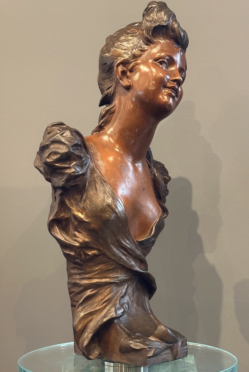 Auguste Moreau, Art Nouveau Bust Sculpture Of Young Girl Signed 19th Century-photo-2