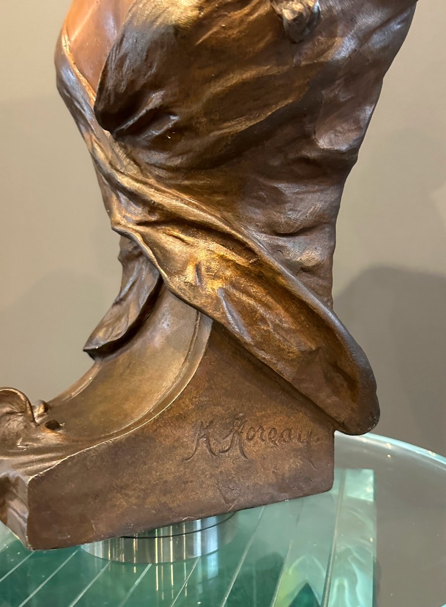 Auguste Moreau, Art Nouveau Bust Sculpture Of Young Girl Signed 19th Century-photo-3