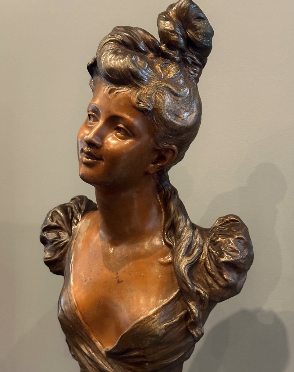 Auguste Moreau, Art Nouveau Bust Sculpture Of Young Girl Signed 19th Century-photo-4