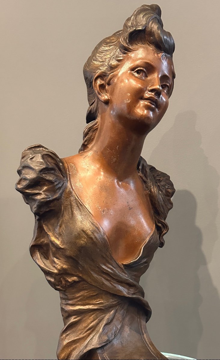 Auguste Moreau, Art Nouveau Bust Sculpture Of Young Girl Signed 19th Century
