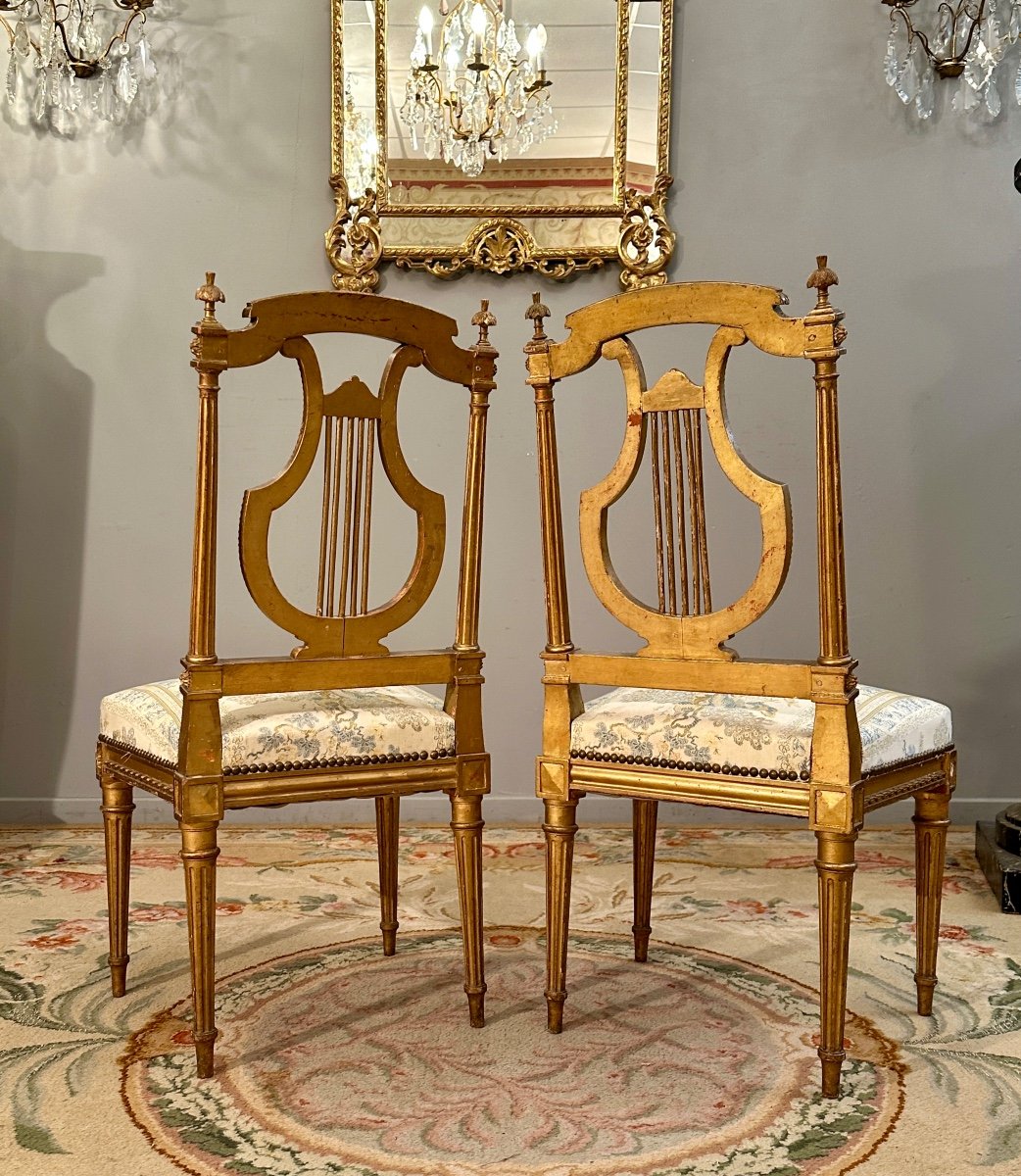 Paire De Chaises Lyre En Bois Doré De Style Louis XVI Epoque XIXème-photo-7