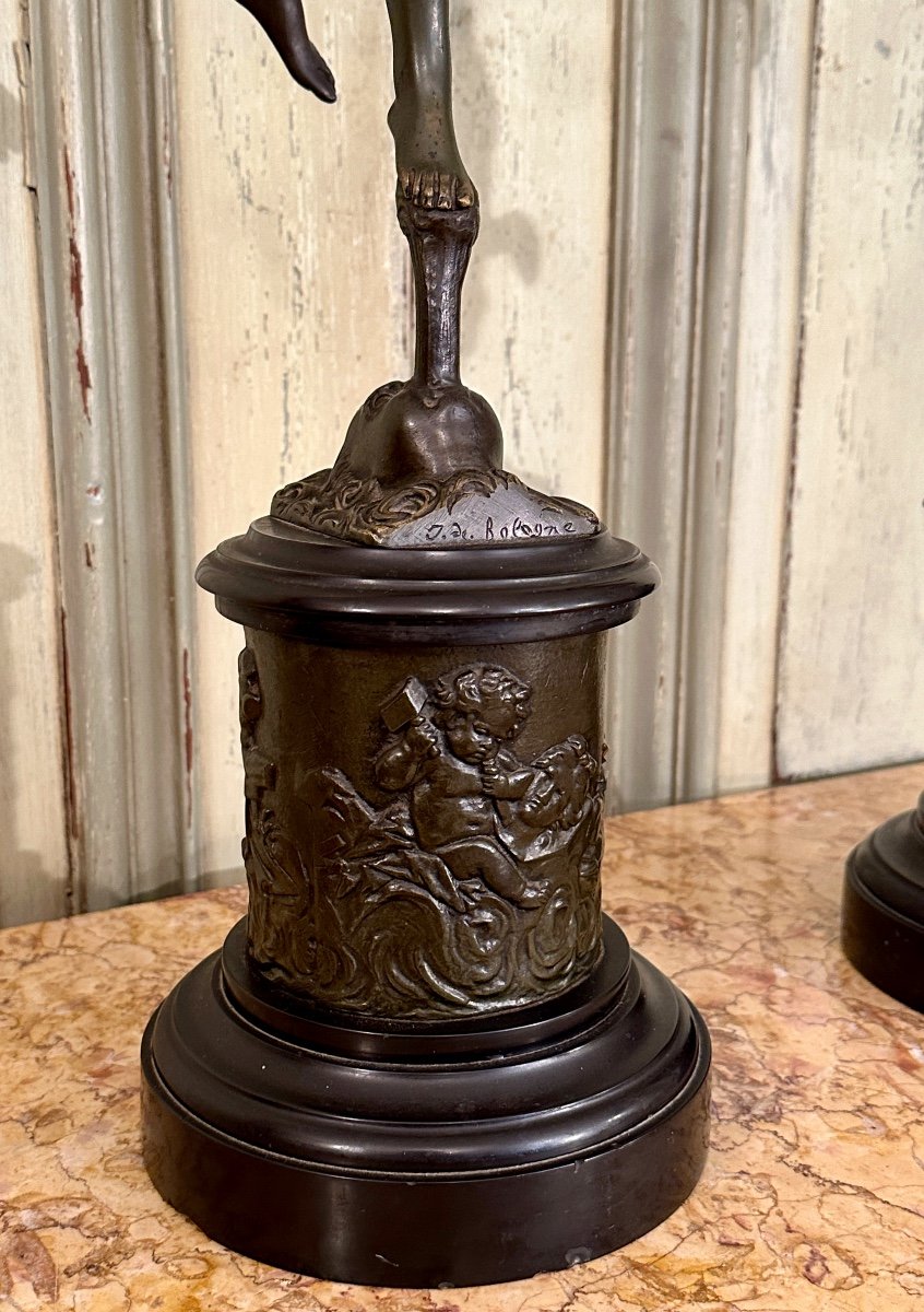 Jean De Bologne d'Après , Paire De Sculptures En Bronze Mercure Renommée XIXème (H82cm)-photo-3