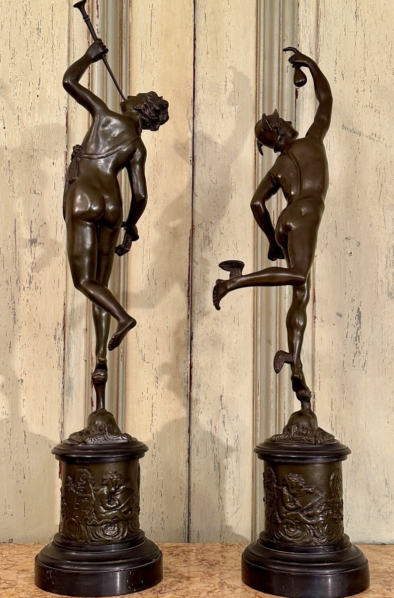 Jean De Bologne d'Après , Paire De Sculptures En Bronze Mercure Renommée XIXème (H82cm)-photo-2