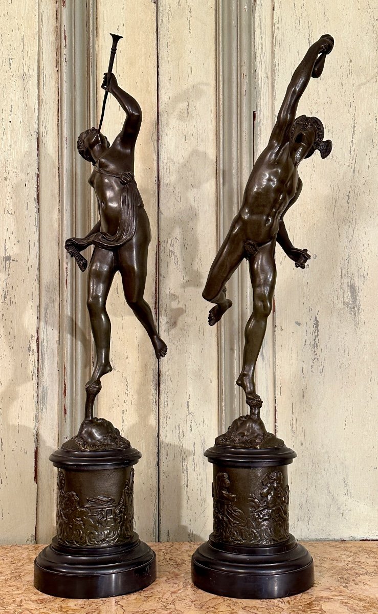 Jean De Bologne d'Après , Paire De Sculptures En Bronze Mercure Renommée XIXème (H82cm)-photo-8