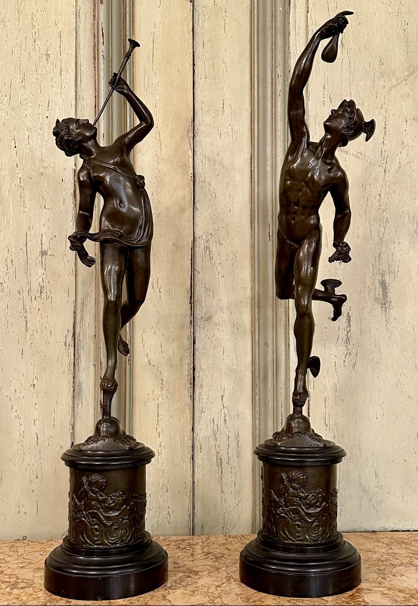 Jean De Bologne d'Après , Paire De Sculptures En Bronze Mercure Renommée XIXème (H82cm)