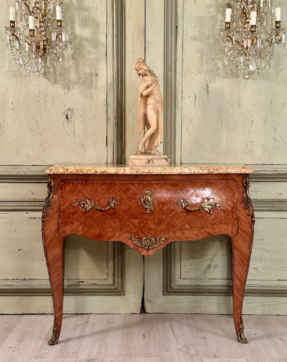 Commode Perruquière De Style Louis XV En Marqueterie XIXème