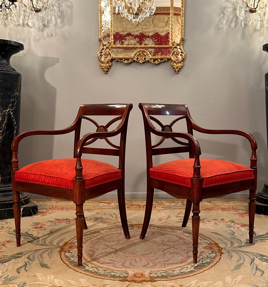 Maurice Hirch Maison Jansen, Pair Of Stamped Mahogany Armchairs, 20th Century-photo-3