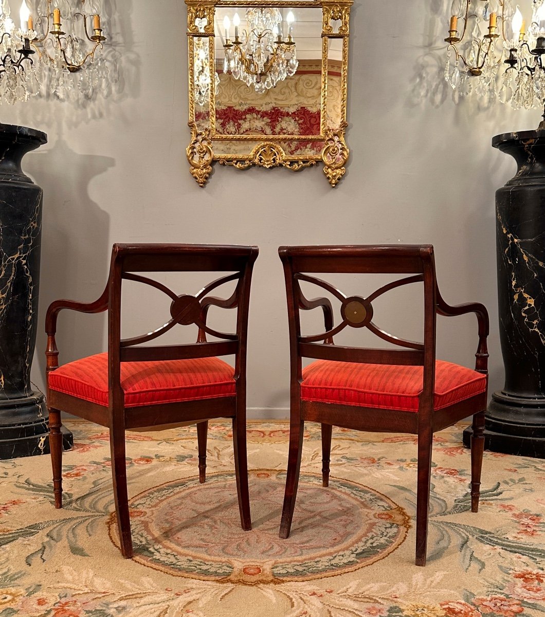 Maurice Hirch Maison Jansen, Pair Of Stamped Mahogany Armchairs, 20th Century-photo-4