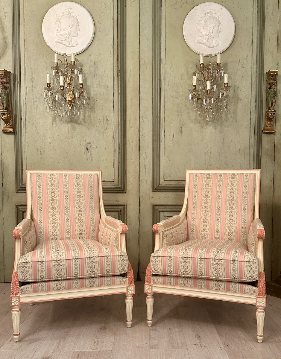 Large Pair Of Louis XVI Style Lacquered Wood Bergeres